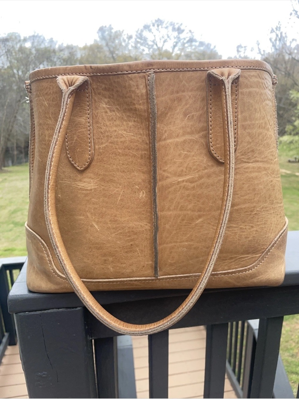 FRYE Cara Shoulder Tote Shoulder Bag -Beige-Distressed Leather $398 - Picture 3 of 12